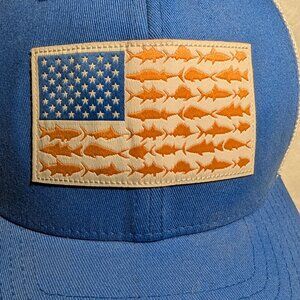 Share Columbia PFG Flexfit Mesh Ball Cap USA Fish Flag, Size Small Blue & White